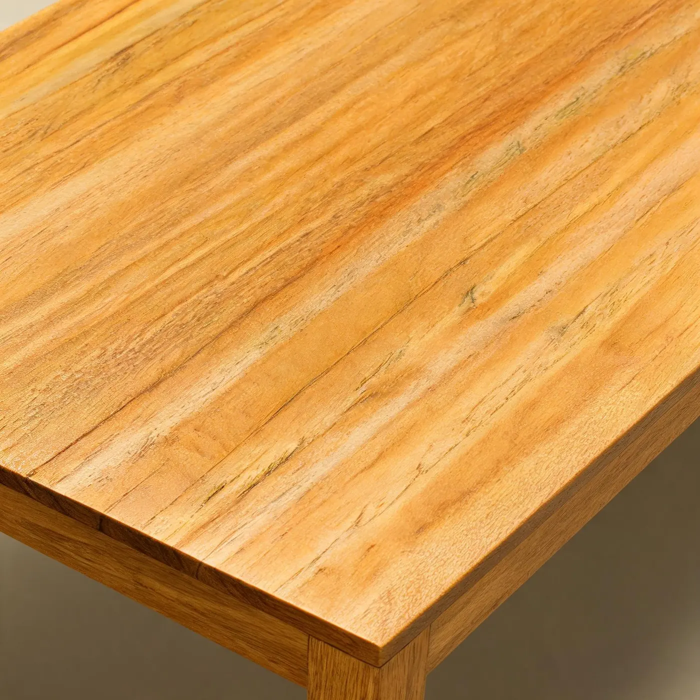 Close-up of an oiled teak top, grain running in one direction across the edge joint