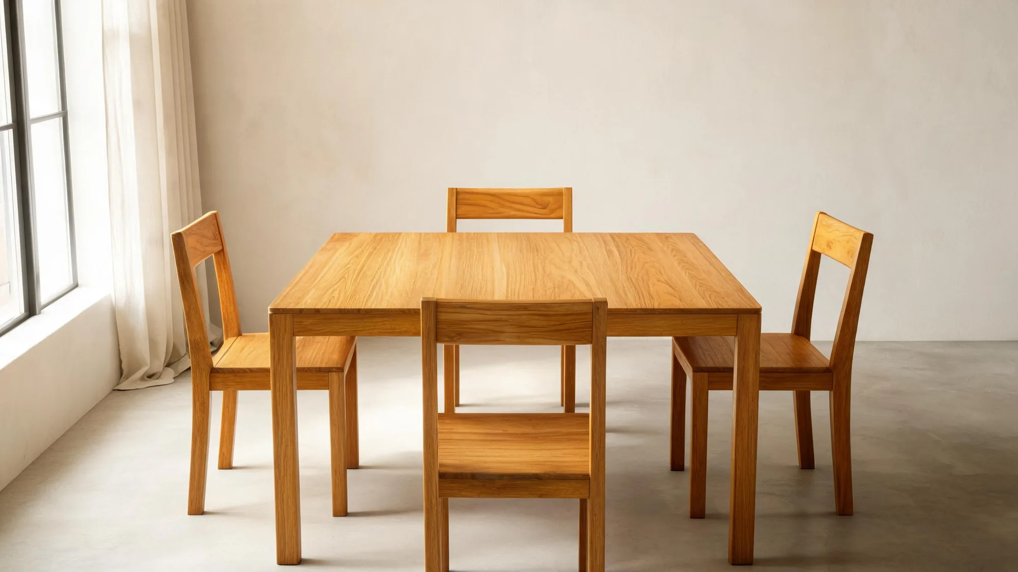 01 Dining Table in natural oil with four 02 Dining Chairs in a plastered room