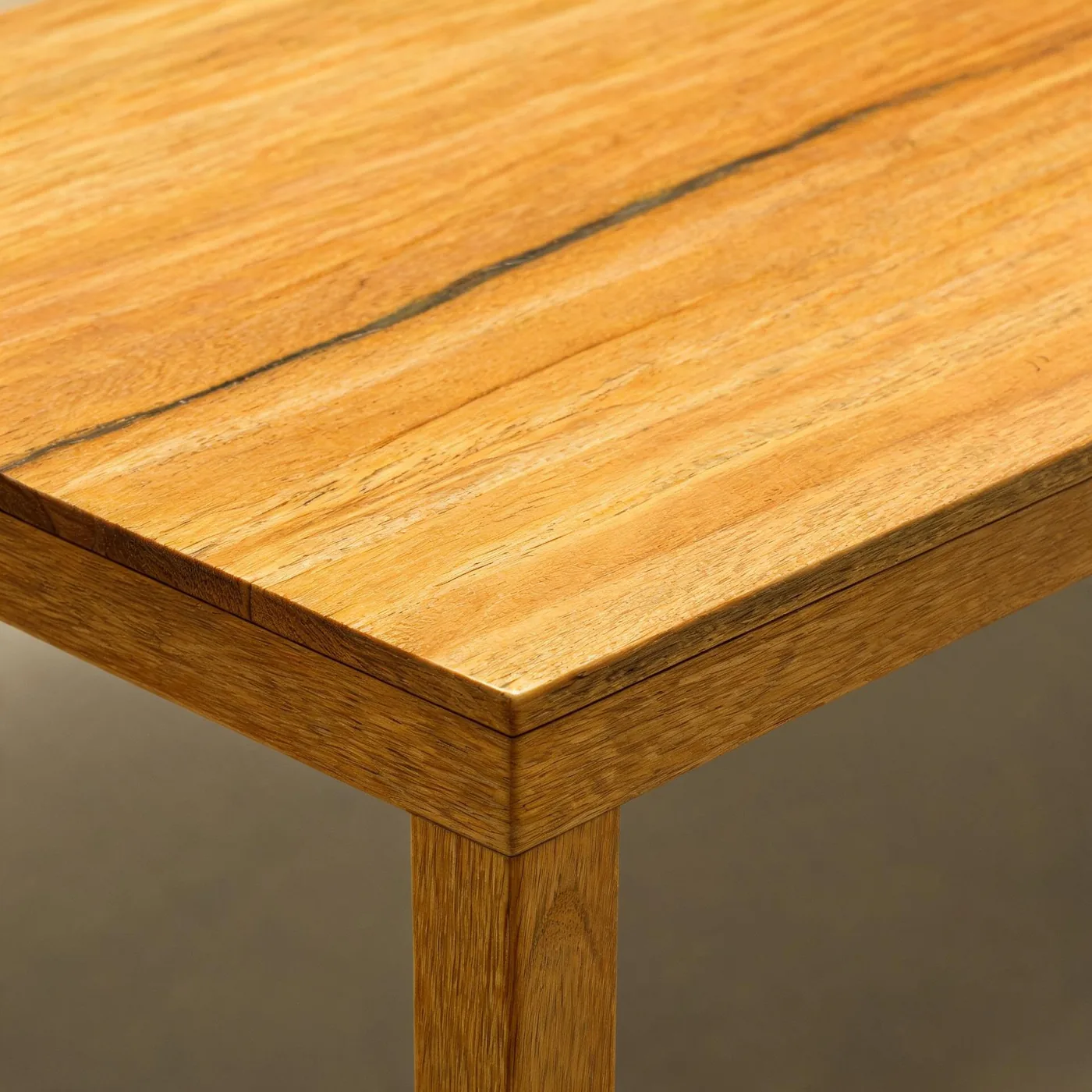 Corner of an oiled teak top showing the edge joint and a mineral streak in the grain