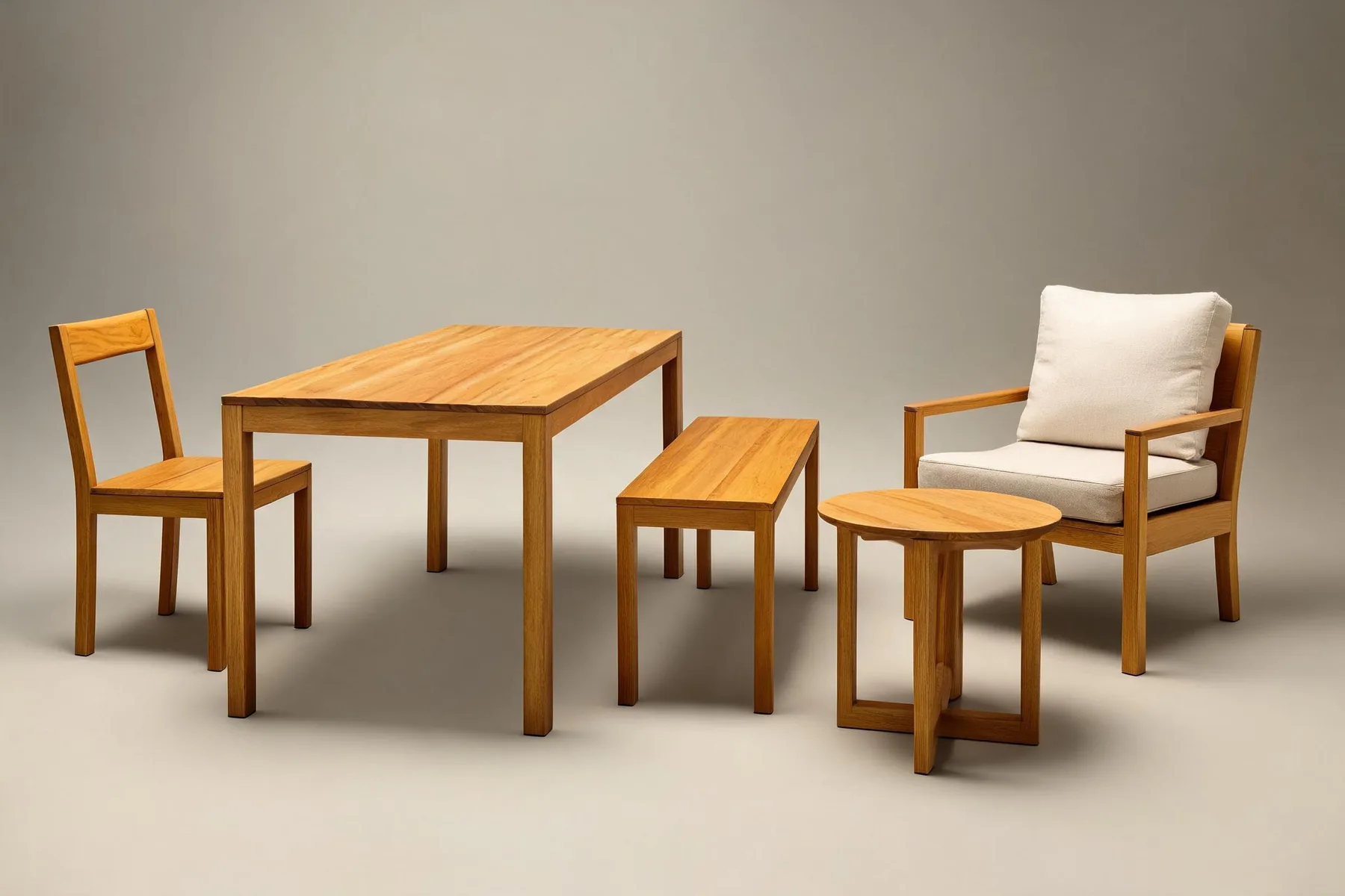 A teak dining table standing in a plastered room with a wide window