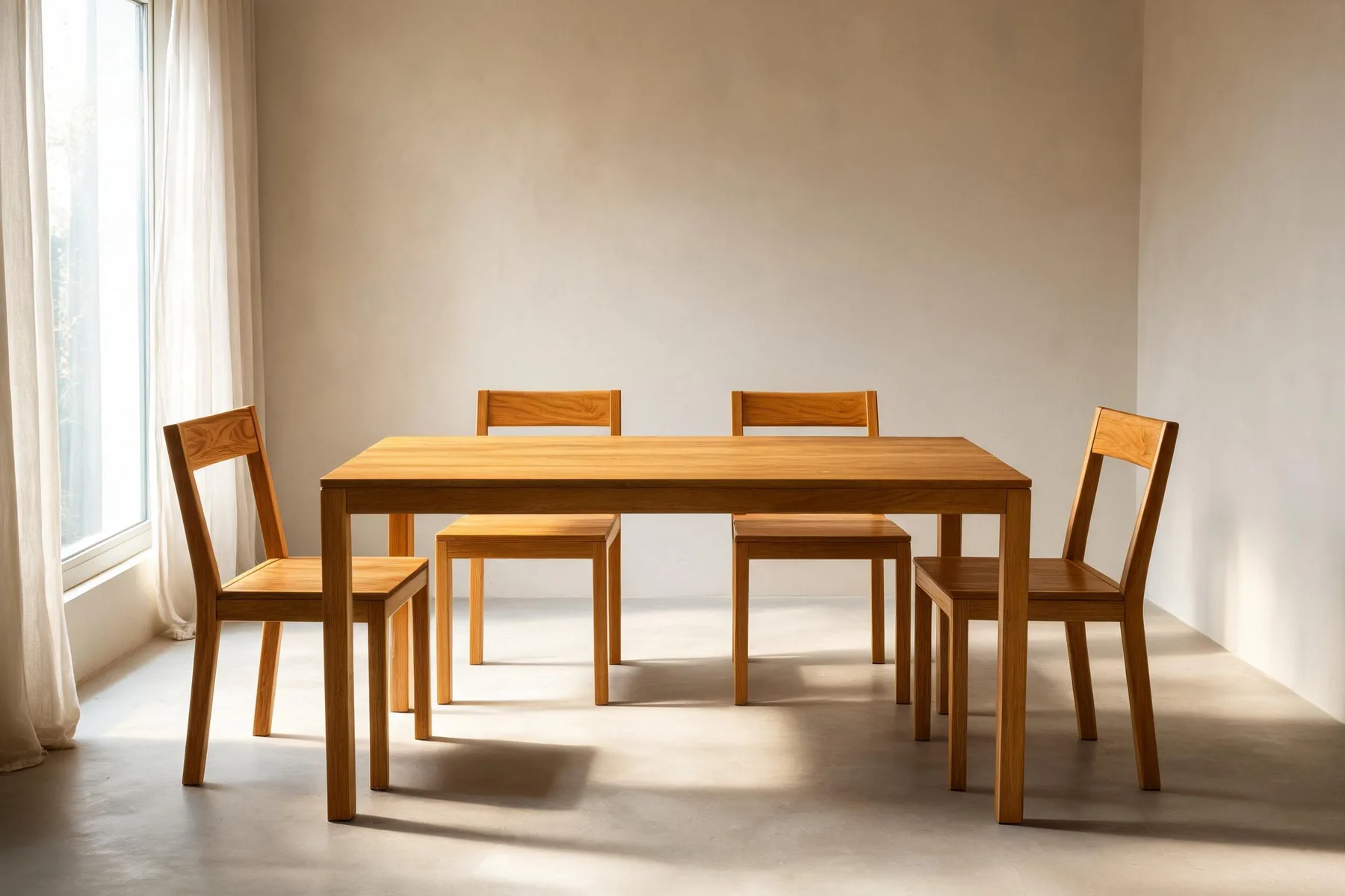 01 Dining Table with four 02 Dining Chairs beside a curtained window