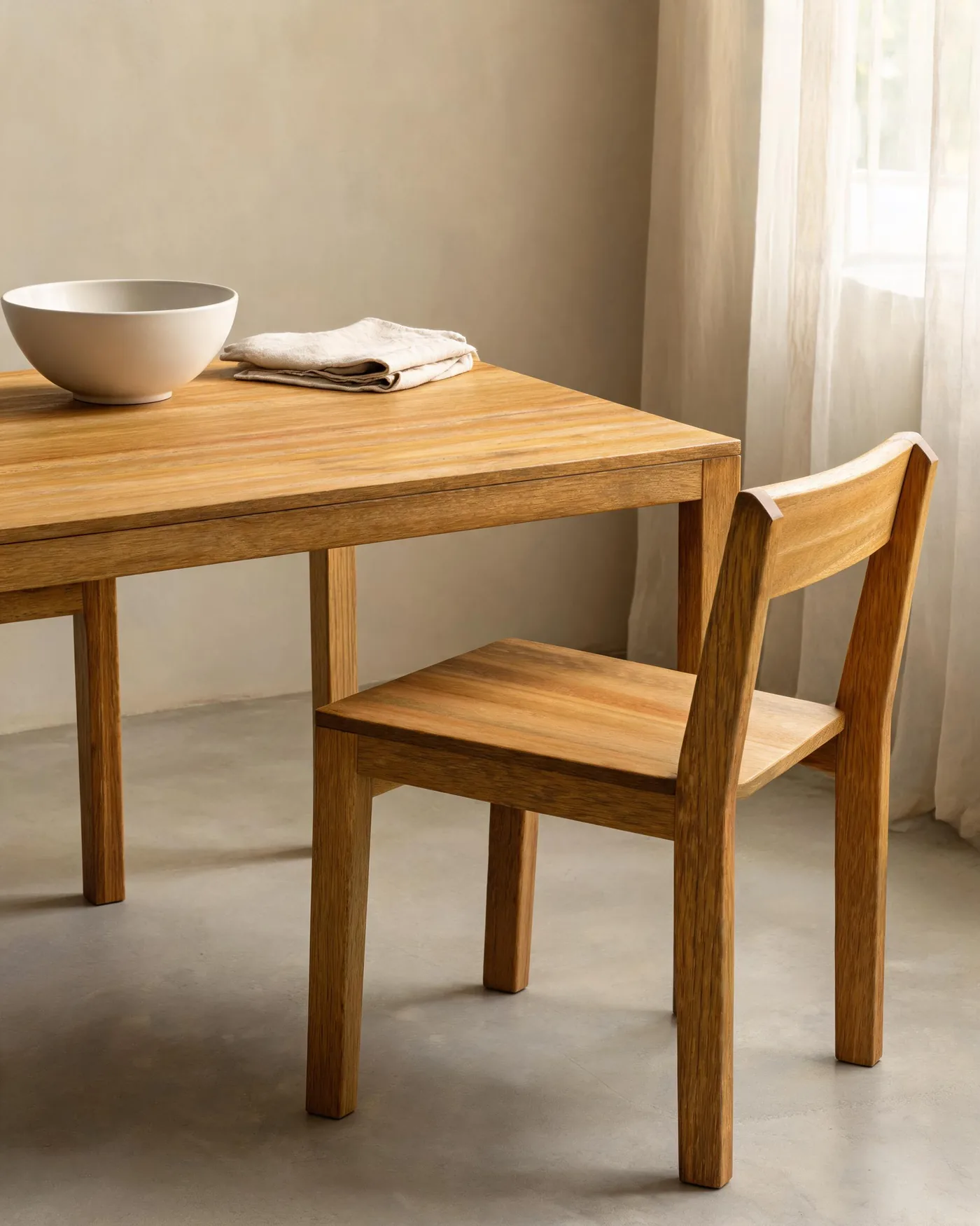 Corner of the 01 Dining Table with a 02 Dining Chair pulled up to it