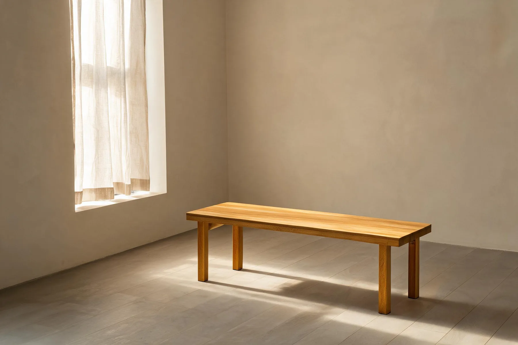 03 Dining Bench against a plaster wall on a wood floor