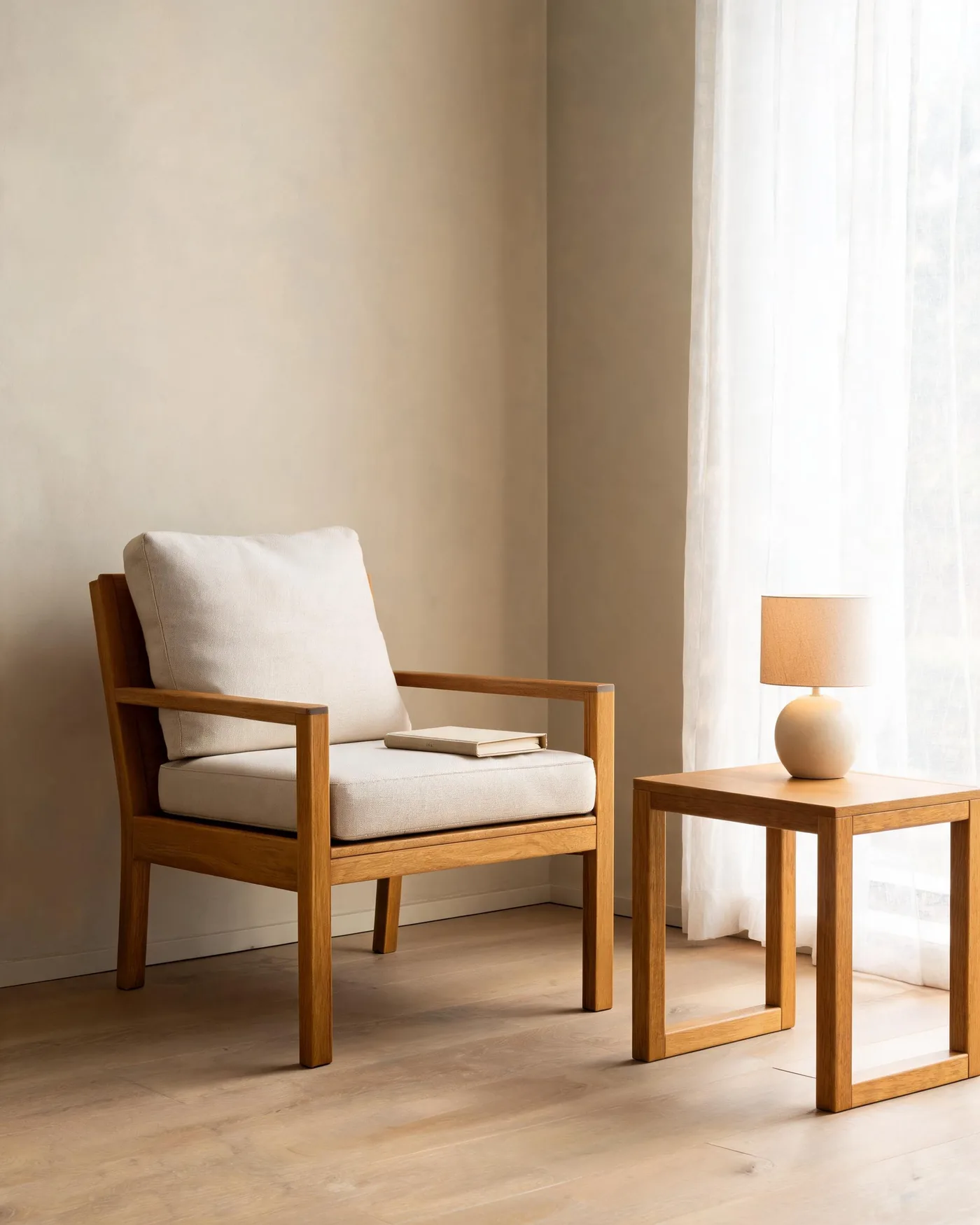 04 Lounge Chair with linen cushions next to a 05 Side Table and a lamp