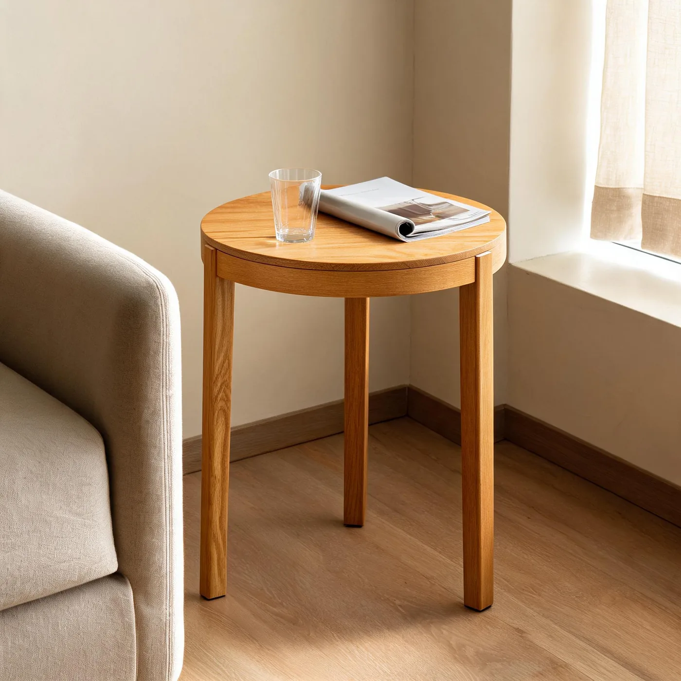 05 Side Table beside a sofa with a glass and a magazine on the top