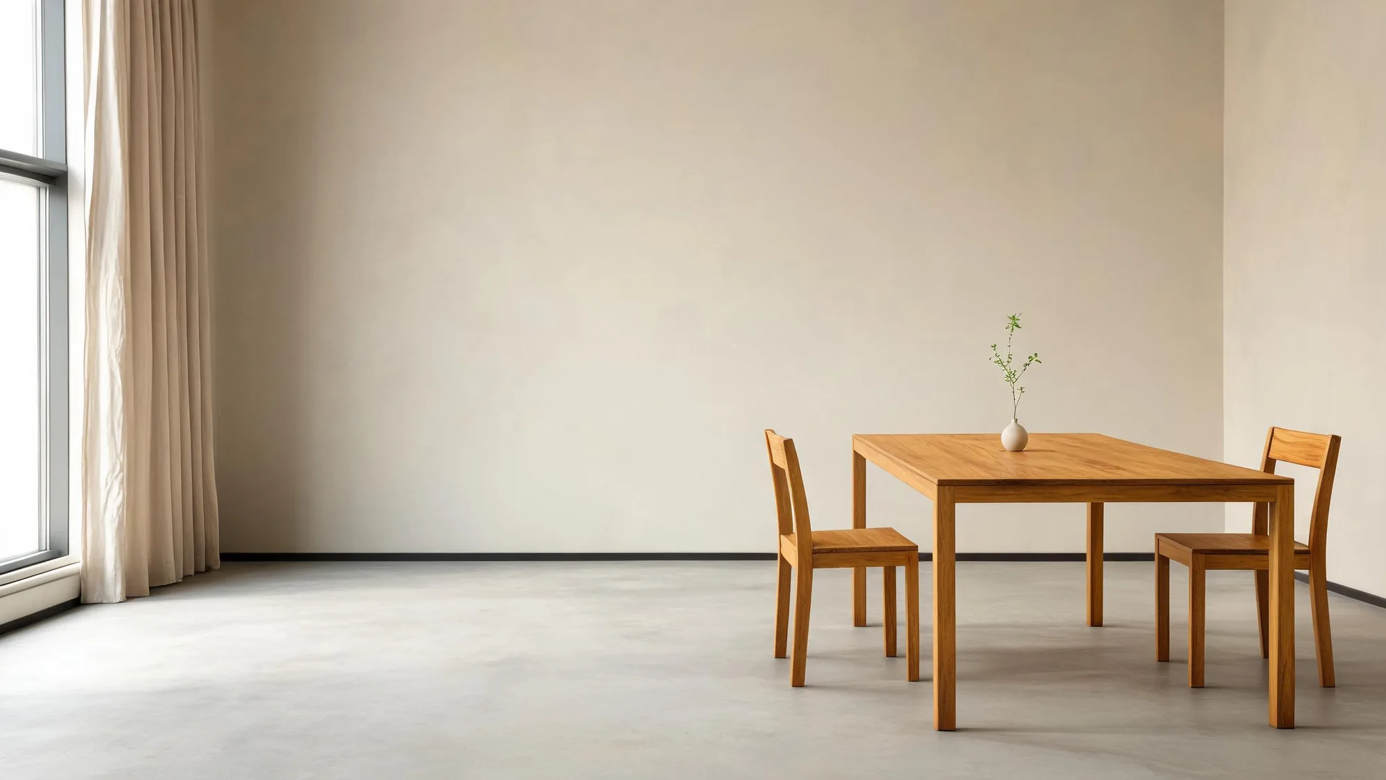 01 Dining Table with two chairs in a wide room with a concrete floor