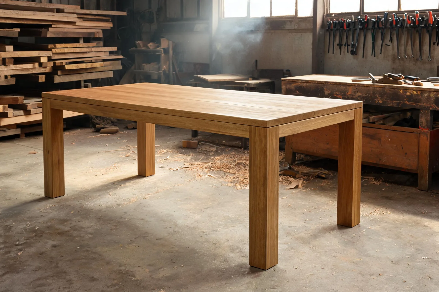 A finished teak dining table on the workshop floor next to stacked boards and a bench