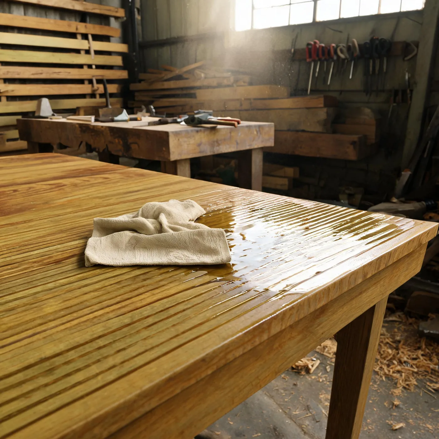 A worker sanding a teak surface by hand on the workshop bench