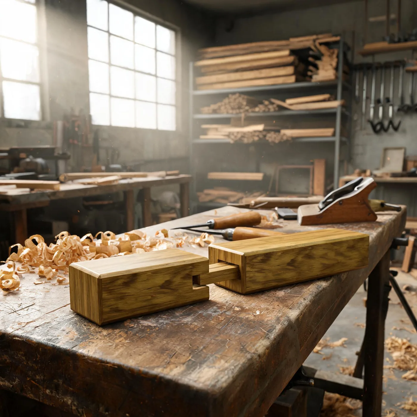 Two workers fitting a teak leg into a rail frame at the assembly bench